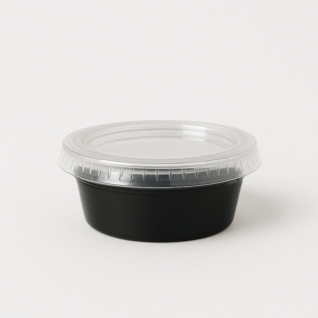 Tinas Salseras Plásticas Negras con Tapa – 2 oz (Paquete de 100 Unds)