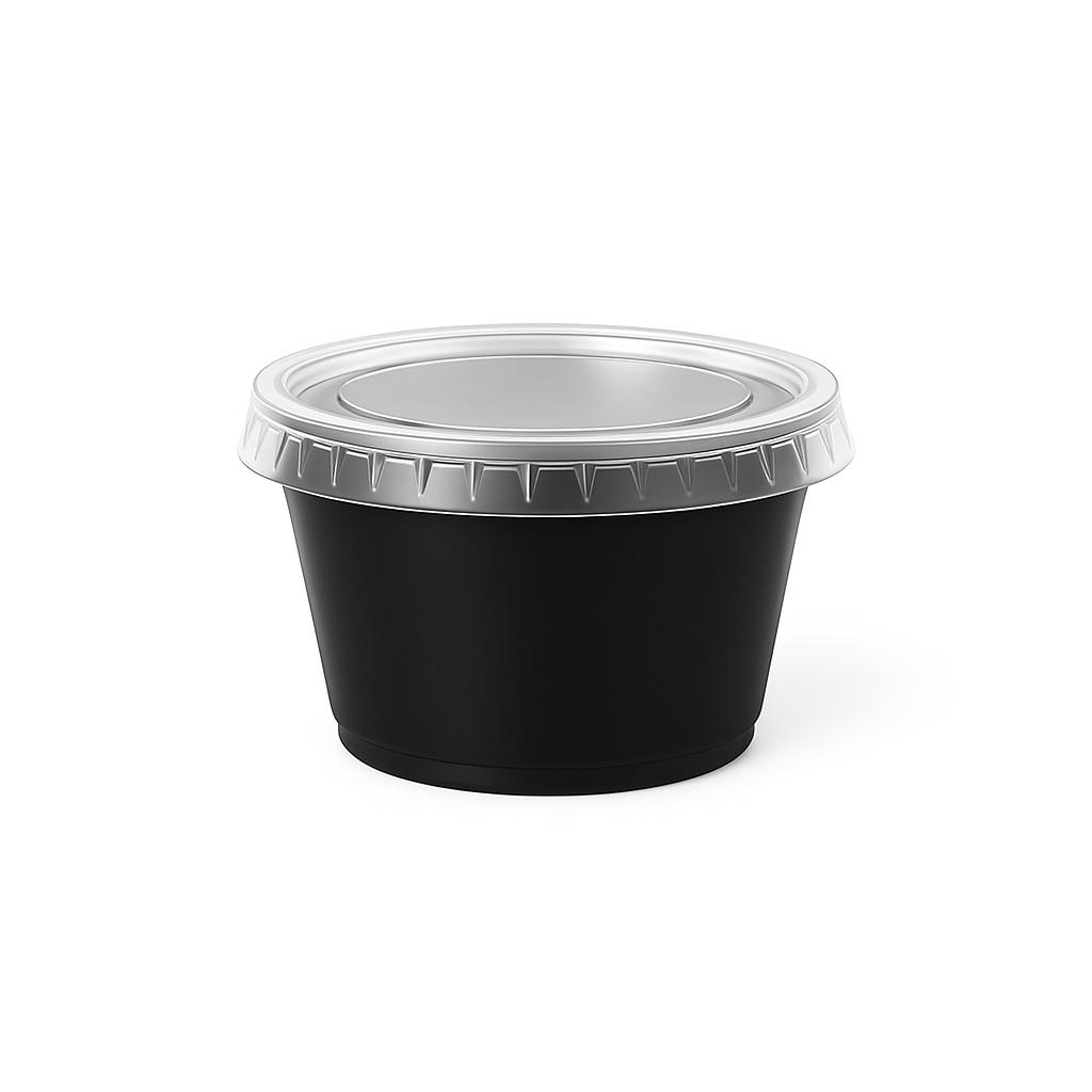 Tinas Salseras Plásticas Negras con Tapa – 3,25 oz (Paquete de 100 Unds)