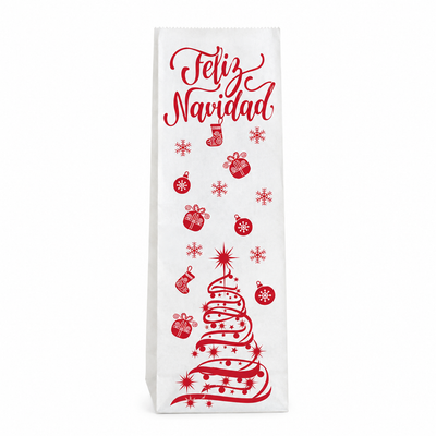 Bolsa de papel navideña con árbol y adornos rojos, 13x51x5 cm