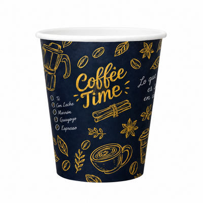 Vaso de cafe azul marino y dorado con Coffee Time, diseno Luxury, EKO-EMPAQUES 18