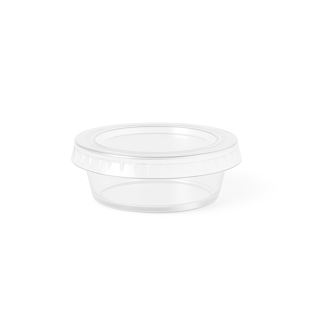 Tinas Salseras Plásticas Transparentes con Tapa – 2 oz (Paquete de 100 Unds)