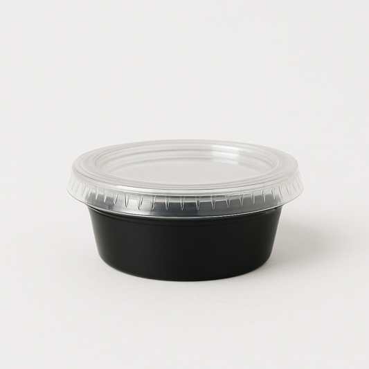 Tinas Salseras Plásticas Negras con Tapa – 2 oz (Paquete de 100 Unds)