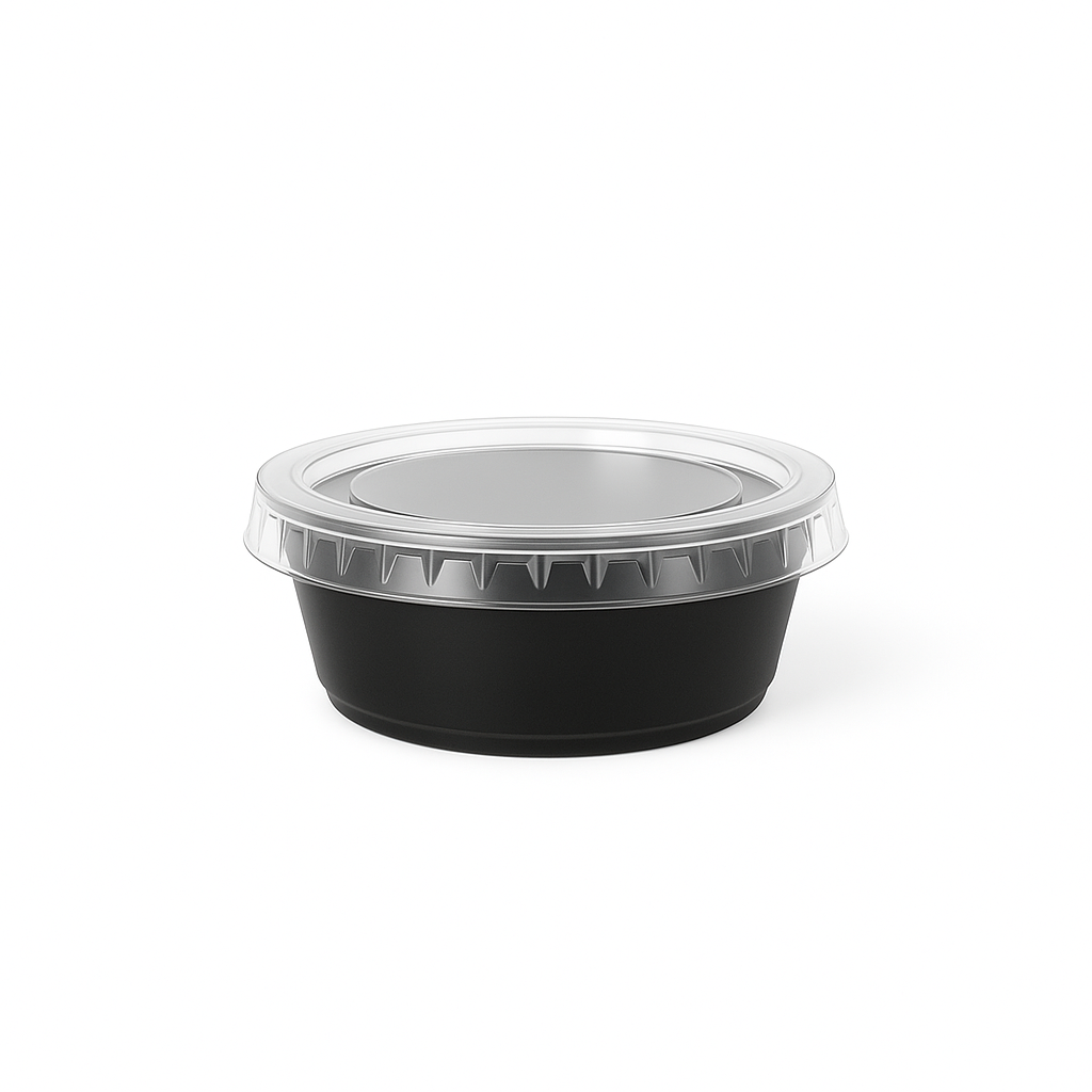 Tinas Salseras Plásticas Negras con Tapa - 1 oz (Paquete de 100 Unds)
