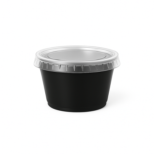 Tinas Salseras Plásticas Negras con Tapa – 3,25 oz (Paquete de 100 Unds)