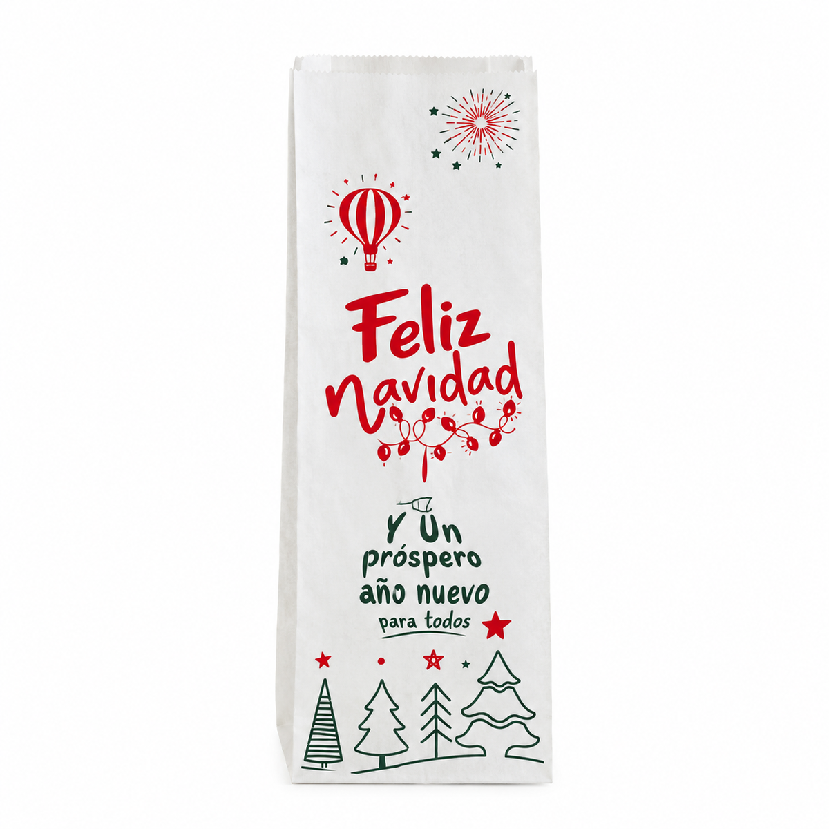Bolsa de papel navideña Canilla #3 con globo aerostático y Feliz Navidad, 16x51x4 cm