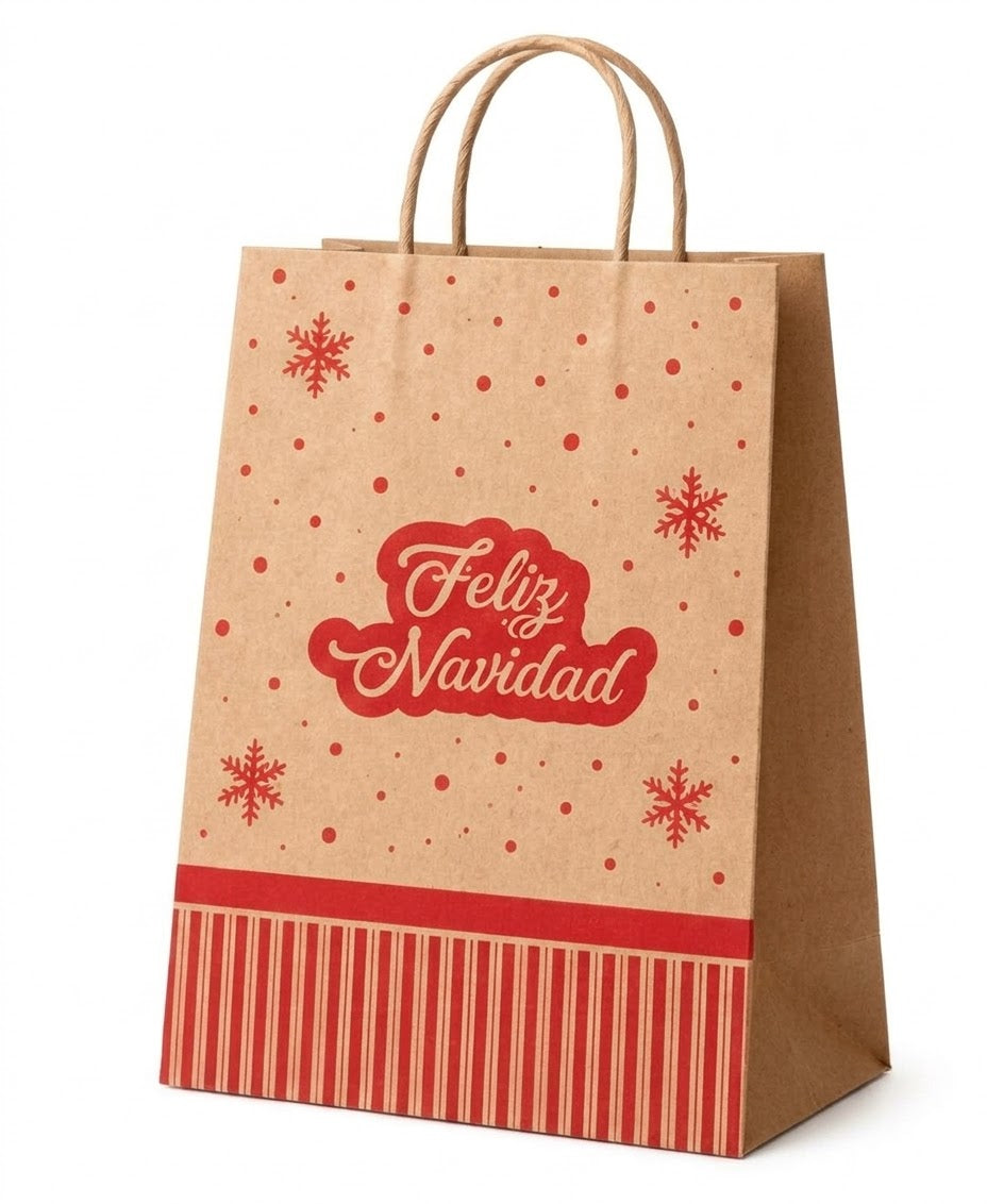 Bolsa de papel kraft navideña con asa entorchada, impresa Feliz Navidad en rojo
