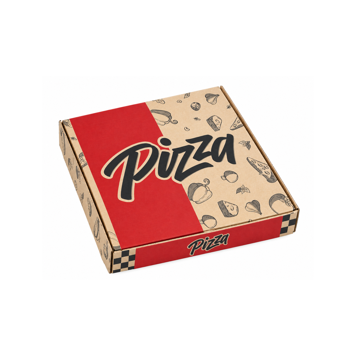 Caja para pizza de cartón corrugado con diseño kraft y rojo