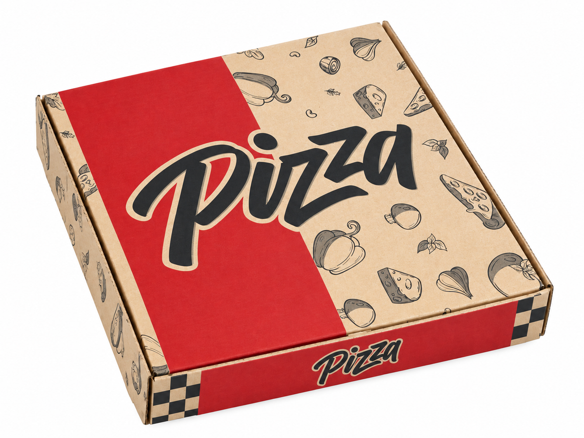 Caja para pizza de cartón corrugado con diseño kraft y rojo
