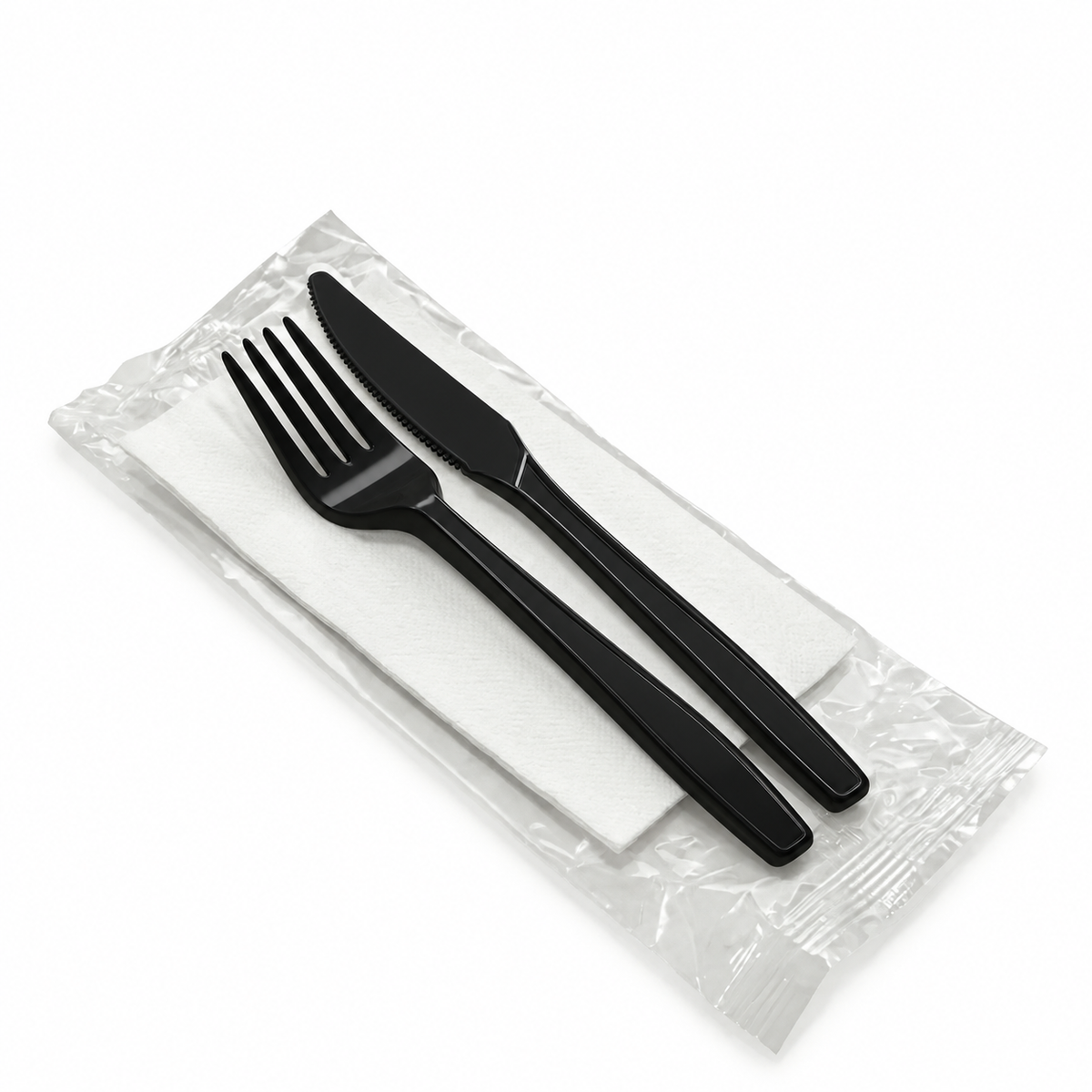 Kit de cubiertos plasticos negros: tenedor, cuchillo y servilleta en empaque individual sellado, EKO-EMPAQUES 18 Venezuela