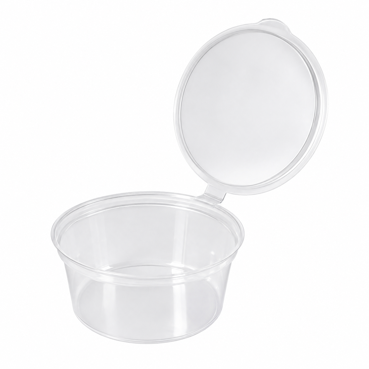 Tina plástica transparente con tapa abisagrada para salsas