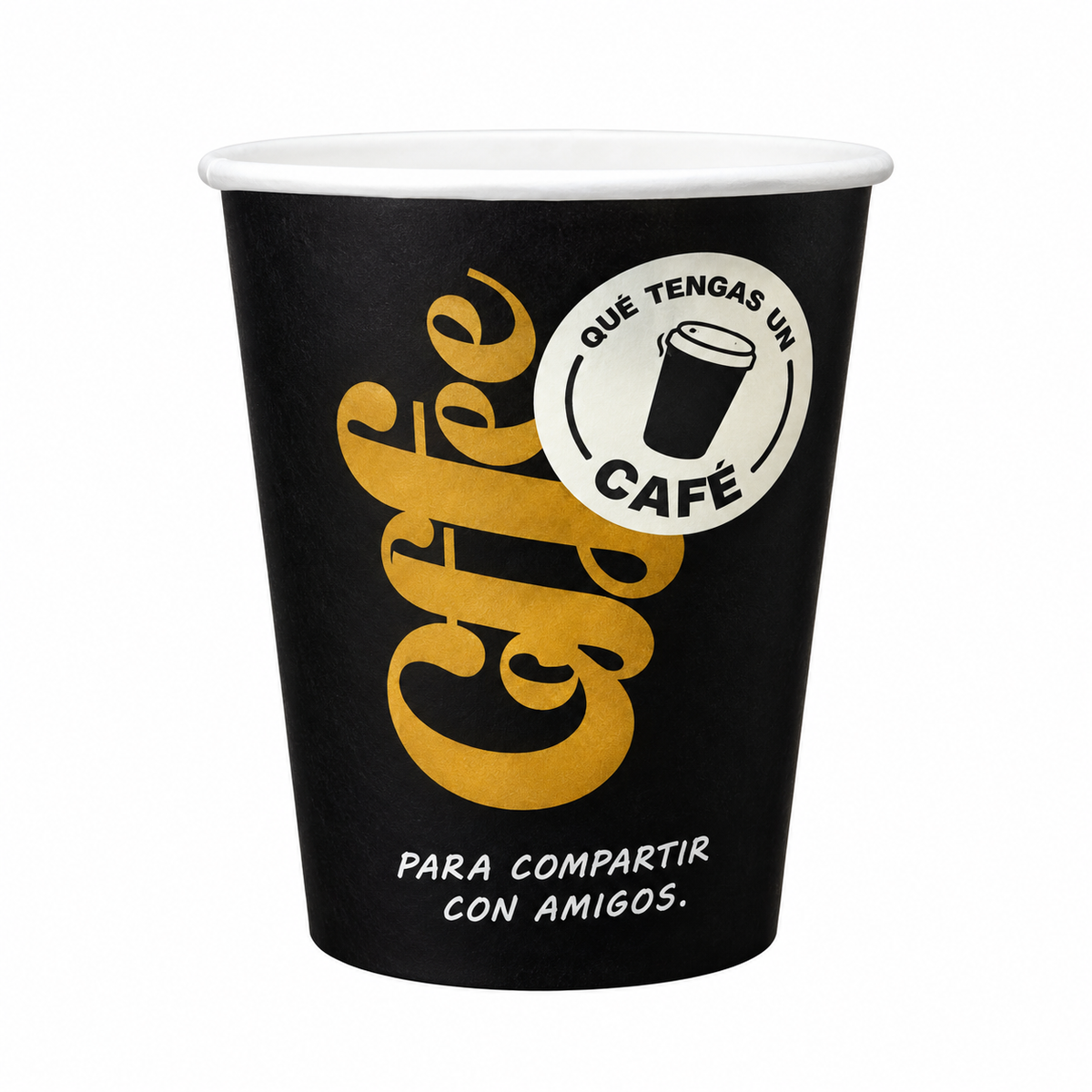 Vaso de cafe negro con la palabra Cafe en dorado, diseno Light, EKO-EMPAQUES 18