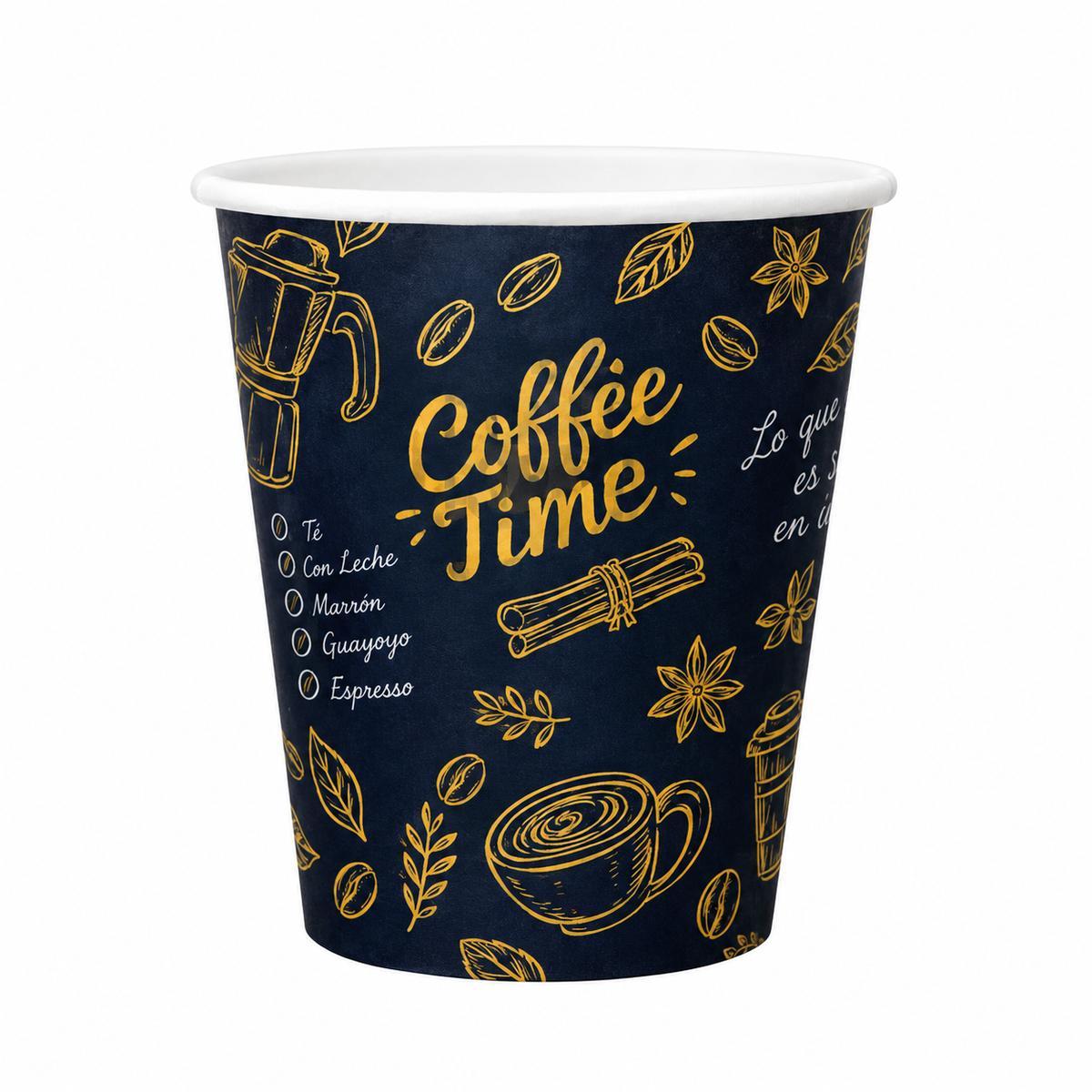 Vaso de cafe azul marino y dorado con Coffee Time, diseno Luxury, EKO-EMPAQUES 18