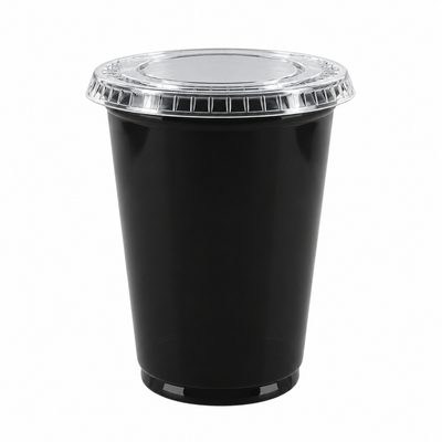 Vaso plastico PET negro de 12 oz con tapa lisa plana transparente, EKO-EMPAQUES 18 Venezuela